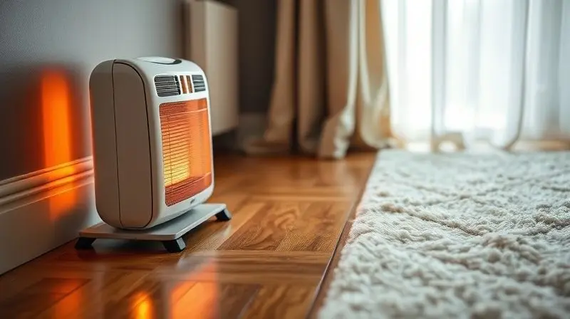 Aquecedor elétrico posicionado de forma segura em um piso de madeira, a uma distância segura de cortinas e tapetes.