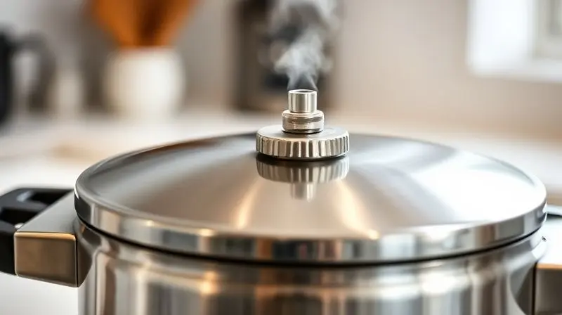 Close-up da válvula de segurança de uma panela de pressão moderna em inox, liberando um pouco de vapor de forma controlada.