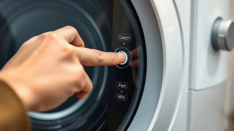 Mão de uma pessoa prestes a tocar o painel digital de uma lava e seca moderna, simbolizando dúvidas e perguntas sobre as funções.