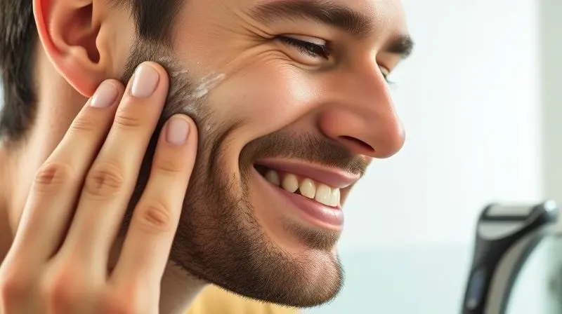 Close-up, soft focus photograph of a man with sensitive skin smiling lightly while touching his perfectly smooth, irritation-