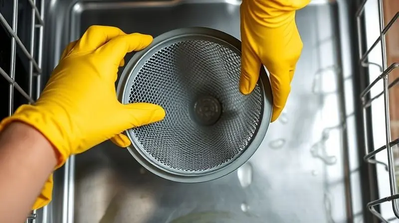 Close-up de mãos com luvas amarelas limpando o filtro interno de uma máquina de lavar louças para manutenção.