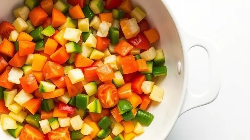 Legumes coloridos e frescos sendo preparados em uma panela de material claro e seguro, simbolizando uma cozinha saudável.