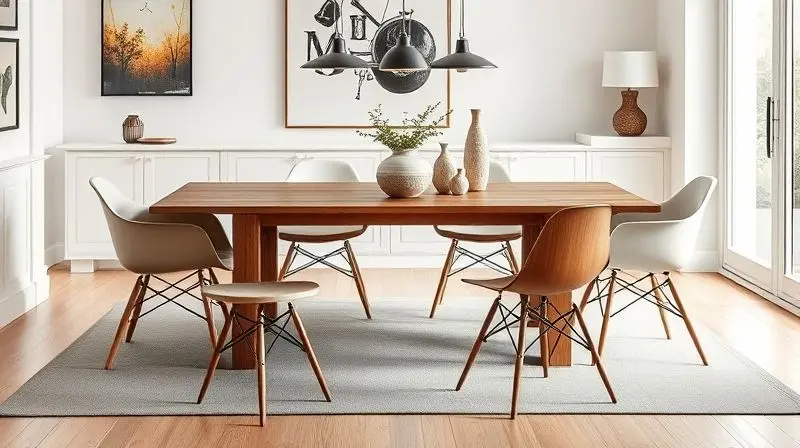 Mesa de jantar de madeira com uma combinação harmoniosa de cadeiras de diferentes modelos e cores, criando um visual eclético e moderno.