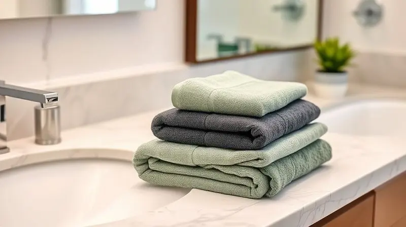 Banheiro moderno e bem decorado com toalhas de rosto nas cores cinza e verde-sálvia combinando com a bancada de mármore e a decoração.