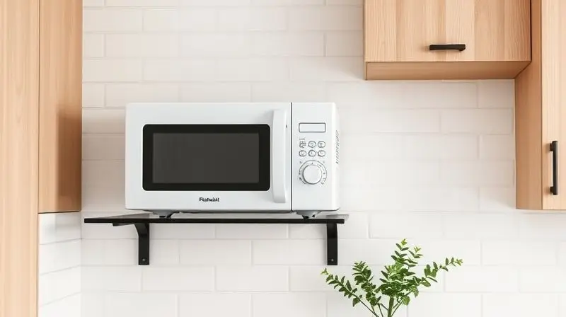 Cozinha moderna e bem decorada com um micro-ondas branco sobre um suporte preto, combinando com o design do ambiente.
