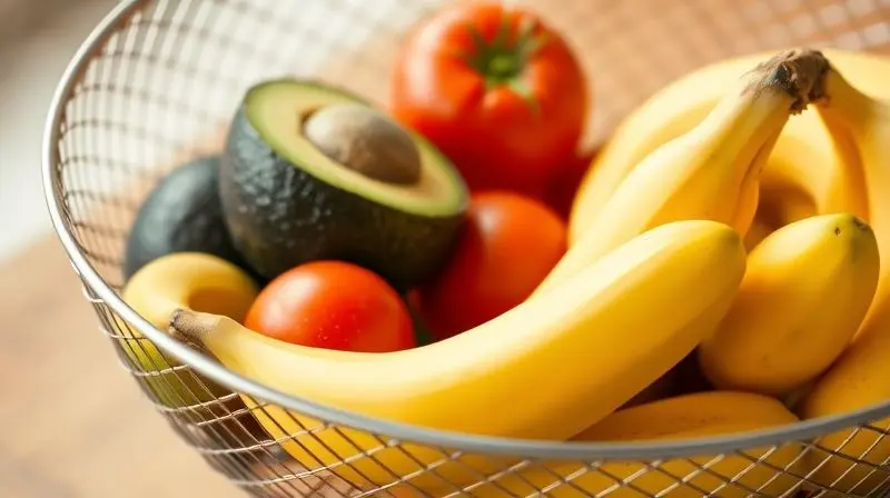 Frutas e legumes organizados corretamente em uma fruteira de arame, demonstrando o armazenamento ideal para manter o frescor.