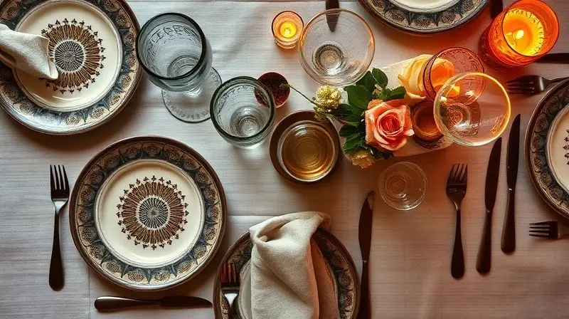 Uma mesa de jantar elegantemente arrumada, onde o aparelho de jantar combina perfeitamente com os talheres, copos e decoração, criando um visual coeso.