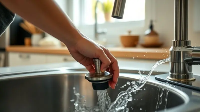 Pessoa utilizando um desentupidor de bomba manual em uma pia de cozinha de aço inoxidável para remover um entupimento de gordura e restos de comida.
