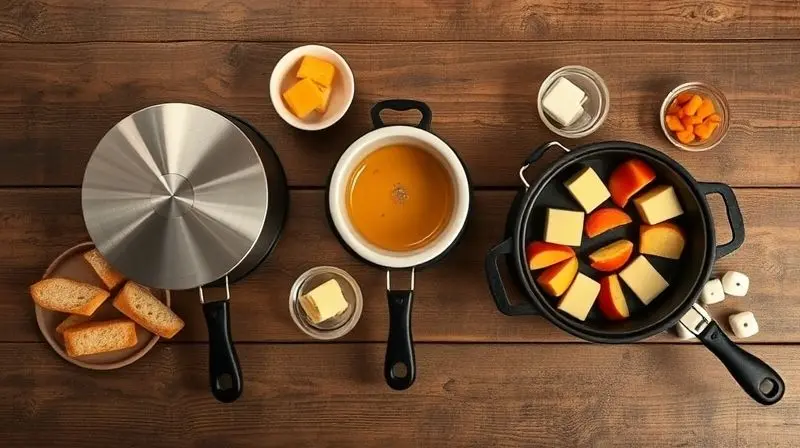 Três aparelhos de fondue diferentes, um de inox, um de cerâmica e um de ferro, dispostos em uma mesa rústica com acompanhamentos.
