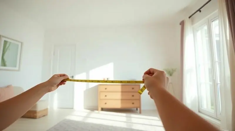 Pessoa medindo com uma fita métrica o espaço vago em um quarto iluminado, planejando onde colocar uma cômoda nova.
