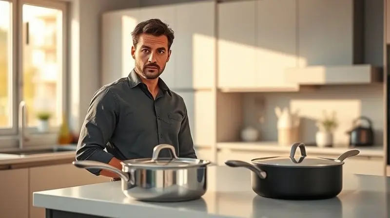 Pessoa em uma cozinha moderna escolhendo entre um jogo de panelas de inox e um antiaderente, ambos sobre uma ilha de cozinha.