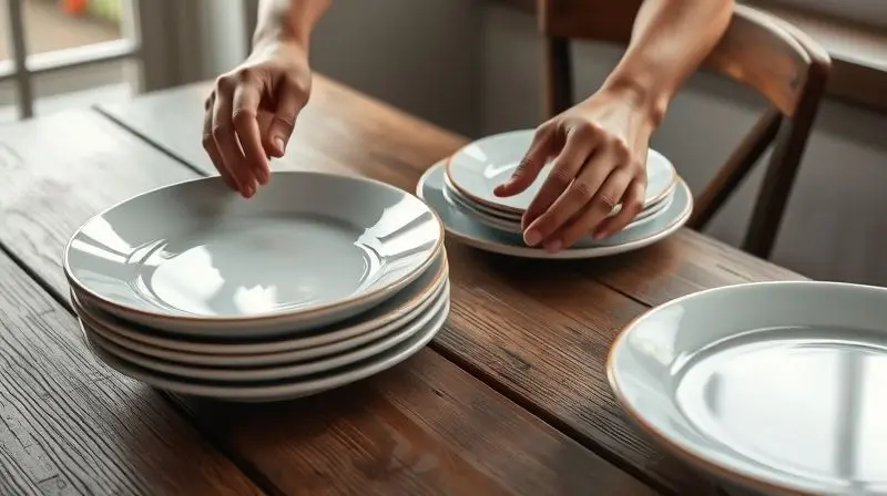 Mãos de uma pessoa analisam diferentes pratos de porcelana e cerâmica, simbolizando o processo de como escolher o jogo de pratos ideal.