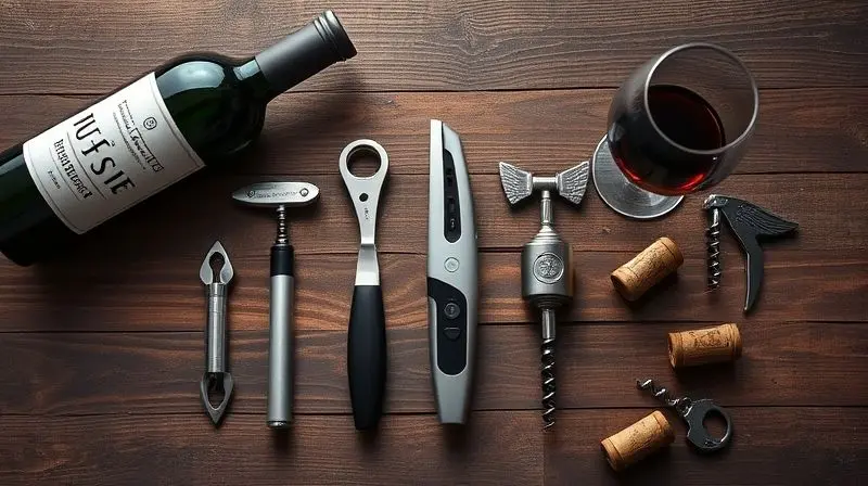 Diversos modelos de abridores de vinho, como sommelier, alavanca e elétrico, dispostos sobre uma mesa de madeira ao lado de uma garrafa.