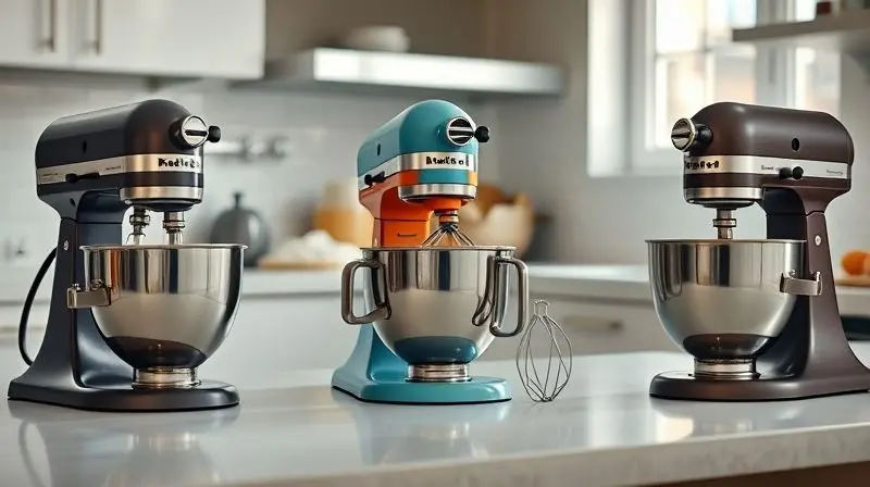Pessoa em uma cozinha clara, analisando três modelos de batedeiras portáteis diferentes sobre uma bancada com ingredientes de confeitaria.