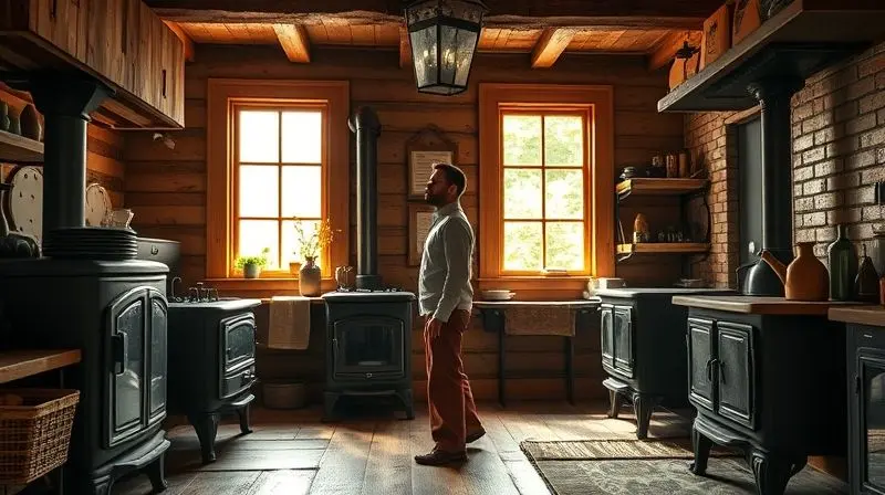 Pessoa analisando três modelos diferentes de fogões a lenha em uma cozinha rústica, ilustrando a escolha do aparelho ideal.