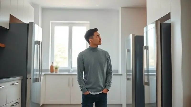 Pessoa em uma cozinha moderna, analisando e comparando dois modelos de freezer vertical para tomar uma decisão de compra.