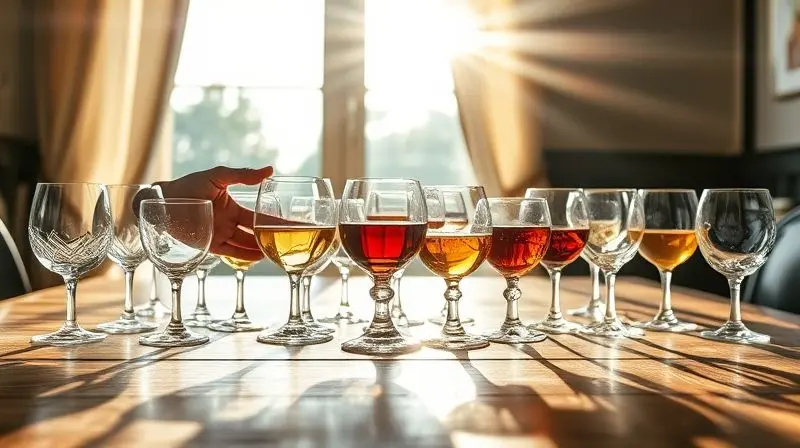 Mãos de uma pessoa organizando diversos tipos de copos de vidro e cristal sobre uma mesa de madeira iluminada pelo sol.