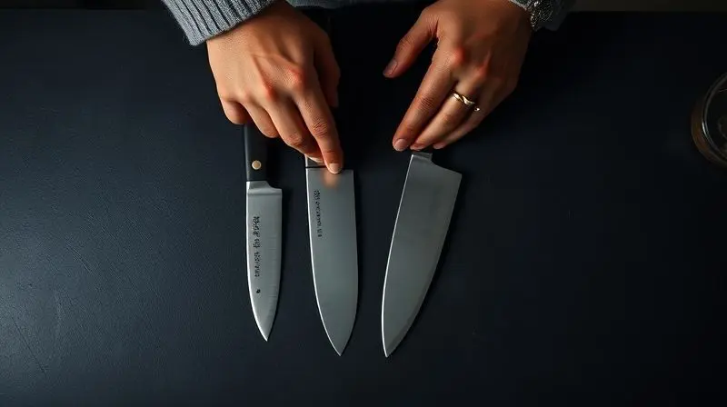 Mãos de uma pessoa analisando a qualidade de três facas de chef diferentes sobre uma bancada de pedra escura, em uma decisão de compra.