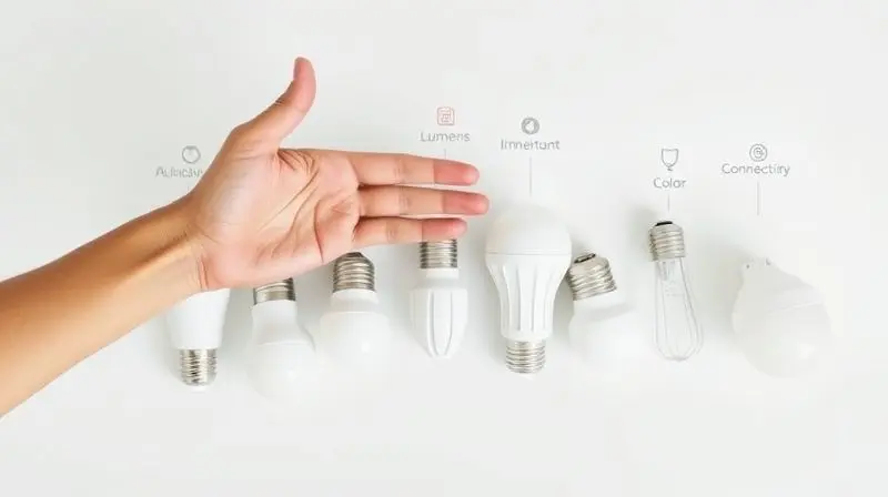 Mão de uma pessoa comparando diferentes lâmpadas inteligentes em uma bancada, simbolizando a escolha do produto ideal.