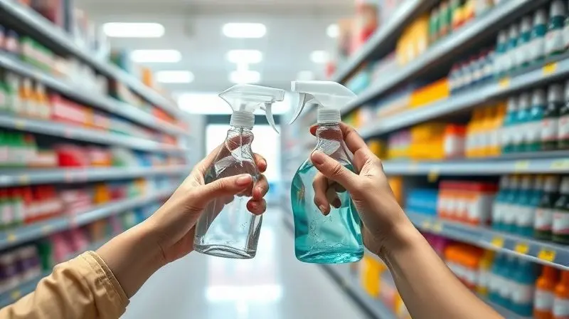 Mãos de uma pessoa segurando e comparando dois frascos de limpa vidros em um corredor de supermercado, ilustrando o processo de escolha do produto ideal.