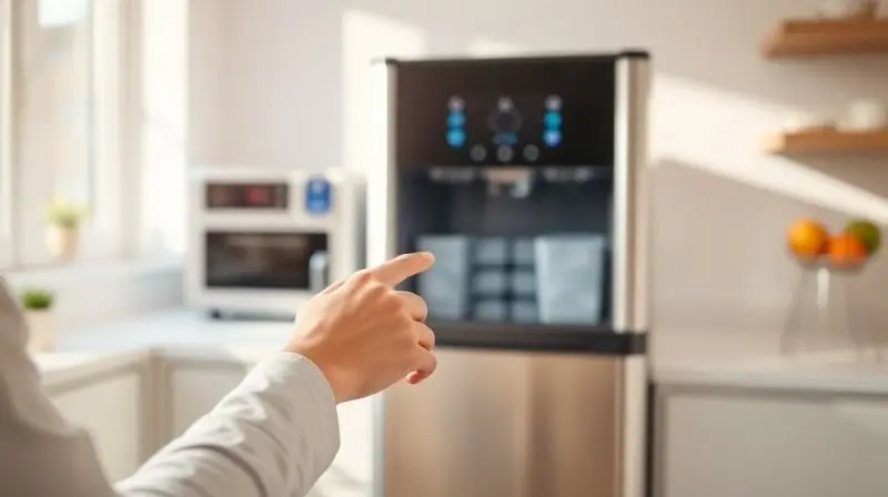 Pessoa analisando os recursos de uma máquina de gelo moderna em uma bancada de cozinha, em processo de escolha do melhor modelo.
