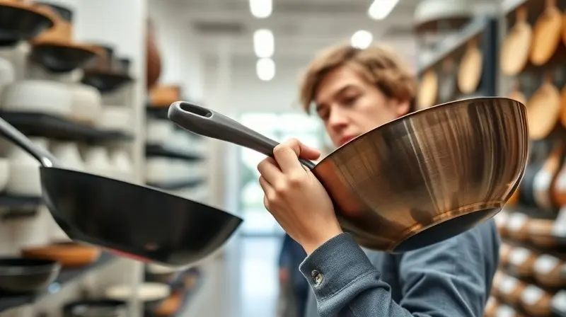 Pessoa em uma loja de utensílios de cozinha analisando e comparando dois modelos diferentes de panelas wok para fazer a melhor escolha.
