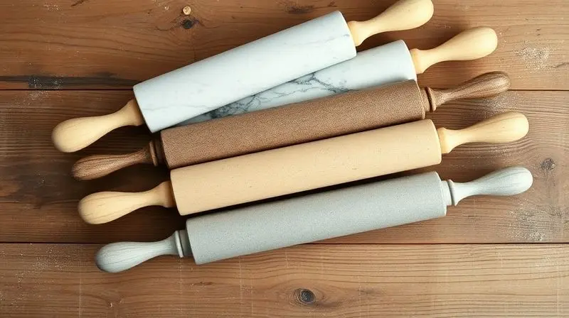 Vários modelos e materiais de rolos de massa dispostos em uma bancada de madeira, ilustrando o processo de escolha do melhor utensílio.