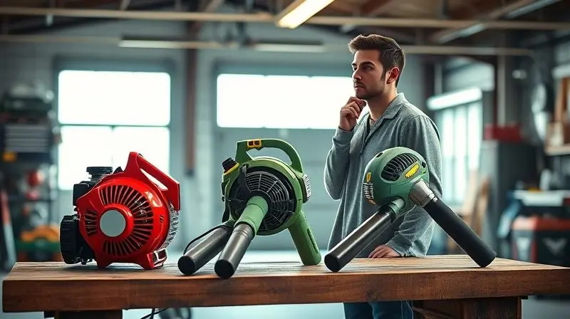 Homem em uma garagem escolhendo entre um soprador de folhas a gasolina, um elétrico e um a bateria, que estão sobre uma bancada.