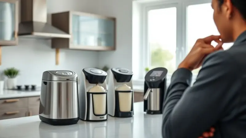 Pessoa analisando três modelos diferentes de sorveteiras sobre uma bancada de cozinha para decidir qual a melhor para comprar.