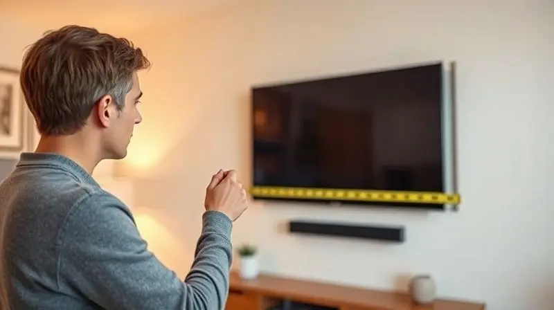 Pessoa planejando a instalação de um painel de TV, tirando medidas em uma parede de sala de estar bem iluminada.