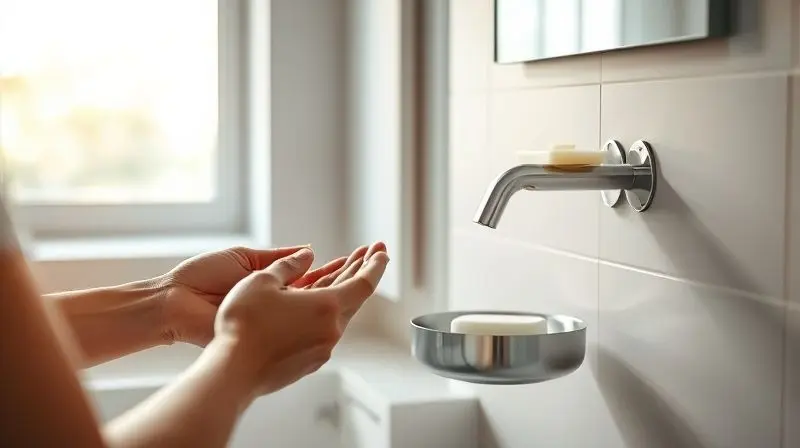 Mãos de uma pessoa escolhendo entre uma saboneteira de cerâmica para bancada e uma de inox para parede, em um banheiro bem decorado.