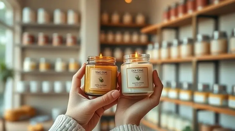 Pessoa escolhendo entre duas velas aromáticas artesanais em uma loja, com foco nas mãos segurando os potes com delicadeza para sentir o aroma.