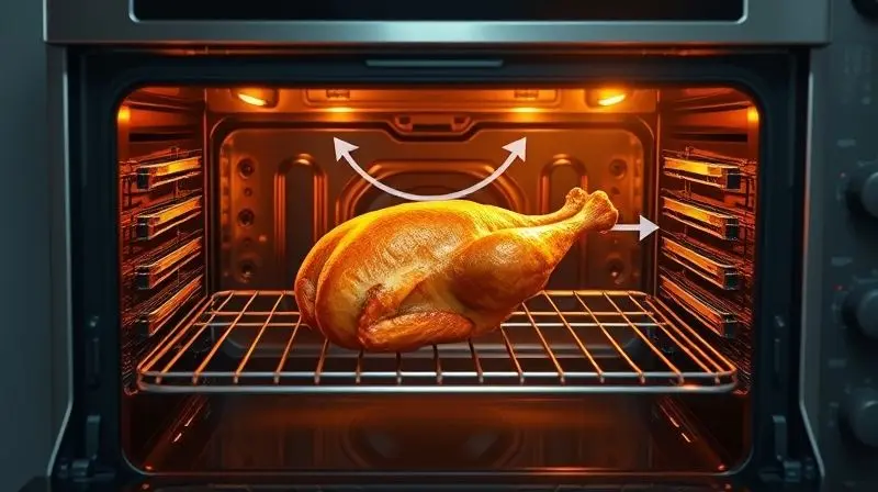 Ilustração 3D mostrando o interior de um forno de convecção, com setas indicando o fluxo de ar quente circulando para assar um frango.