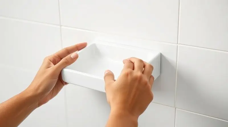 Close-up de mãos instalando uma saboneteira de parede com fixação por adesivo, sem a necessidade de furar a parede do banheiro.