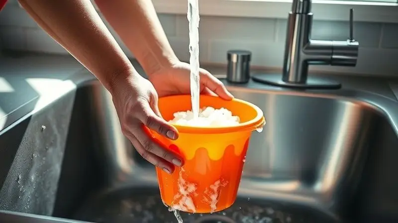 Mãos lavando cuidadosamente um balde de pipoca em uma pia de cozinha com água e sabão para demonstrar a limpeza e conservação.