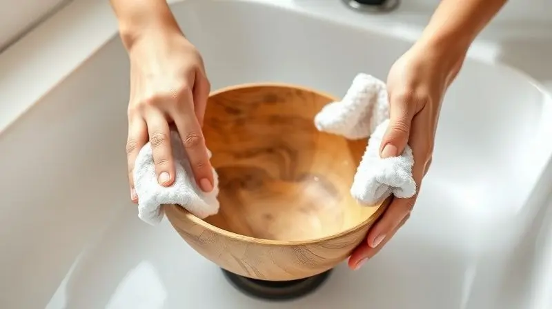 Pessoa limpando delicadamente uma fruteira de madeira vazia com um pano úmido, mostrando o método de limpeza adequado.