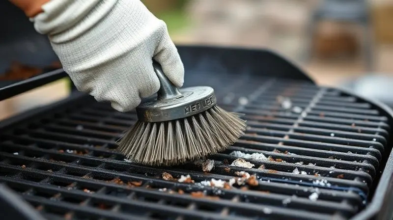 Mãos com luvas de proteção usando uma escova de aço para limpar vigorosamente uma grelha de churrasco suja após o uso.