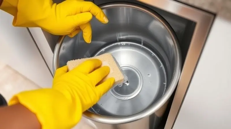 Pessoa com luvas de borracha limpando o interior de um balde de lixeira de embutir em inox, garantindo a higiene e manutenção do produto.