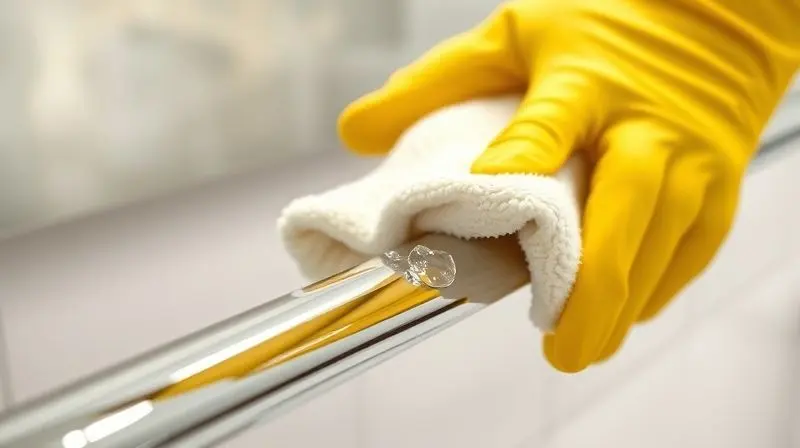 Mão com luva de limpeza limpando um toalheiro de metal cromado com um pano de microfibra, demonstrando a manutenção correta do produto.