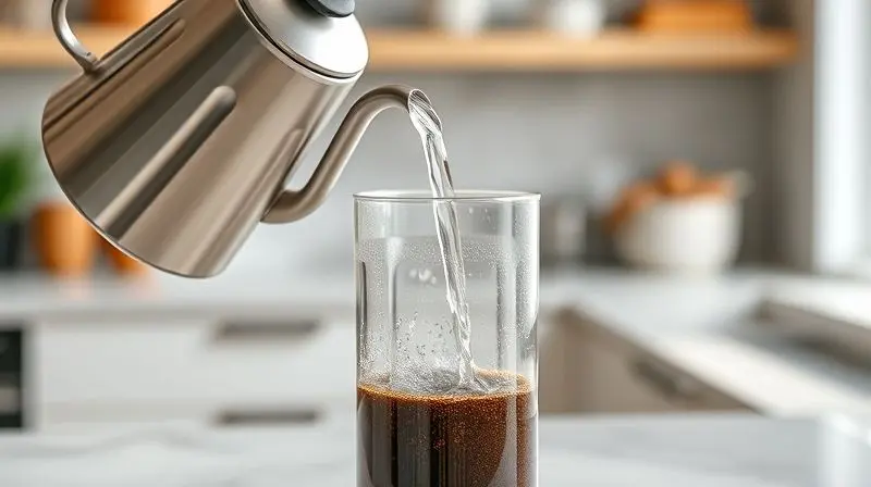 Água quente sendo despejada de uma chaleira em uma prensa francesa com pó de café, demonstrando o método de preparo.