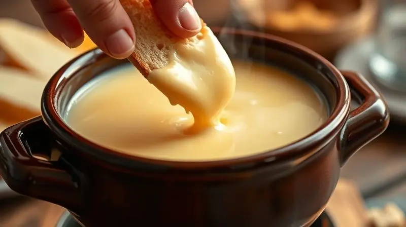 Close de uma mão mergulhando um pedaço de pão em uma panela de fondue com queijo derretido e cremoso, formando um fio de queijo.