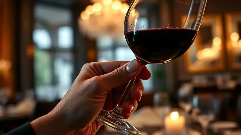 Close em uma mão segurando corretamente uma taça de vinho pela sua haste, com um fundo de restaurante elegantemente desfocado.