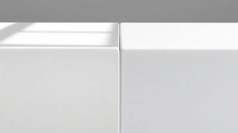 Comparativo de textura e brilho entre o acabamento em acrílico liso e o acabamento em gel coat de uma banheira, materiais lado a lado.