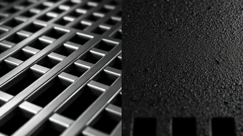 Imagem dividida mostrando em close a textura de uma grelha de aço inox de um lado e uma de ferro fundido do outro, comparando os materiais.