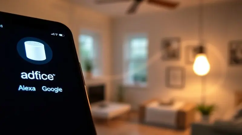 Smartphone exibindo ícones da Alexa e Google Assistente, com feixes de luz conectando-o a uma lâmpada inteligente no ambiente.