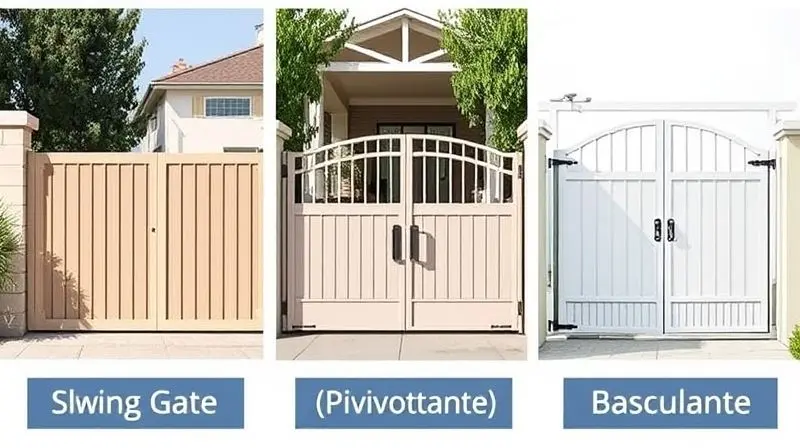 Montagem mostrando os três tipos de portão: deslizante, basculante e pivotante, para ilustrar a compatibilidade do motor.