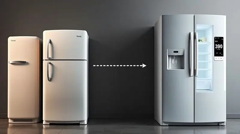 Conceptual and artistic photograph showing the evolution of refrigerators, with a classic vintage model from the 80s standing