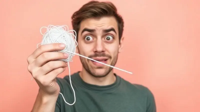 Conceptual and slightly humorous photo of a person looking puzzled and holding a large, hopelessly tangled ball of dental flo