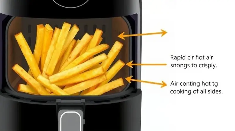Ilustração conceitual mostrando o interior de uma air fryer com setas que indicam a circulação de ar quente cozinhando os alimentos por igual.