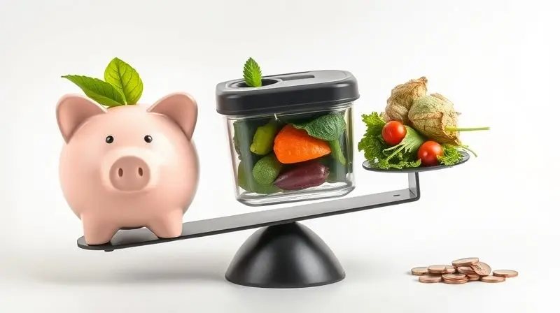 Balança equilibrando um pote com comida fresca e um cofrinho de um lado, e vegetais estragados do outro, simbolizando economia e menos desperdício.